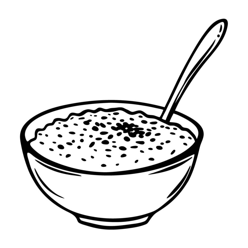 Oatmeal bowl illustration black and white, simple design, breakfast, healthy food, spoon vector