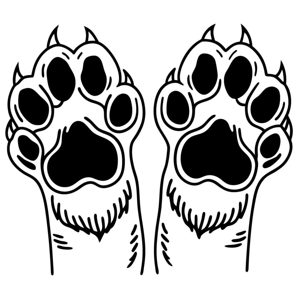 animal paw prints, black and white illustration feline claws, cute wild cat paws, playful drawing isolated vector