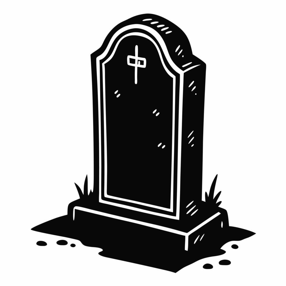 Black and White Gravestone Illustration with Cross and Grass for Halloween and Gothic Design vector