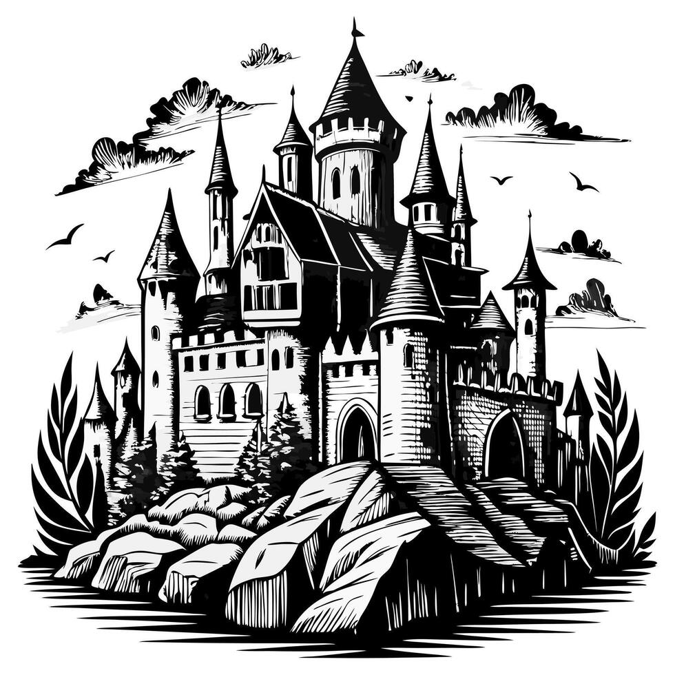 Mystical Medieval Castle with Towers and Rocks in Monochrome Illustration vector