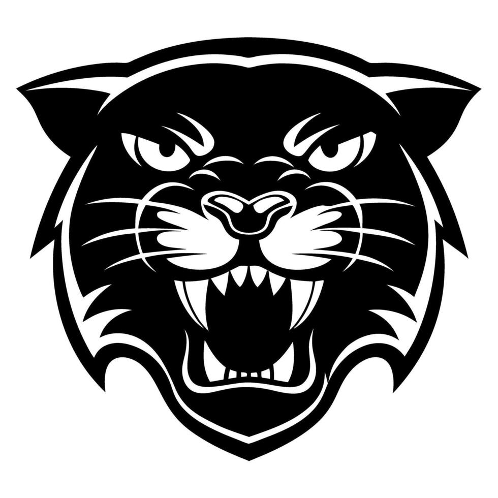 Roaring panther head silhouette fierce wild animal face, black and white design angry big cat mascot illustration vector
