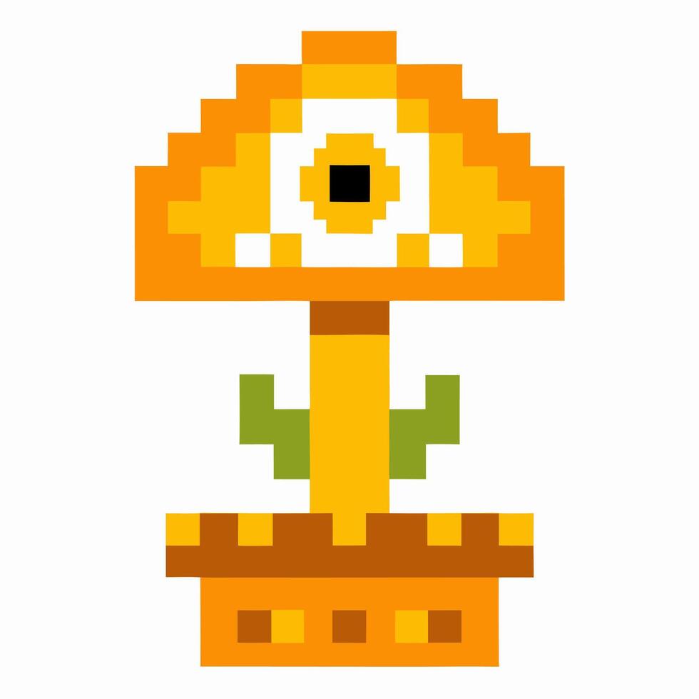 pixel art mushroom icon with bright orange cap, green stem, retro 8 bit game vector