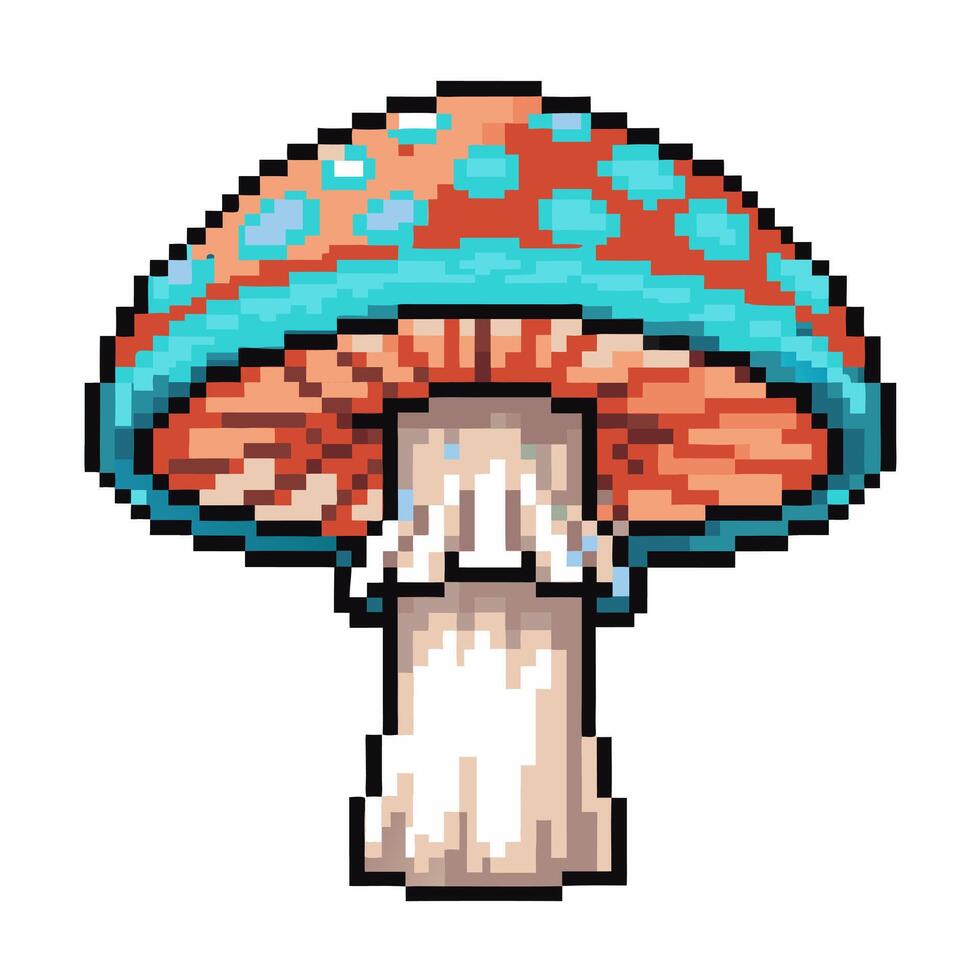 Pixel art mushroom with red cap and blue spots on white background vector