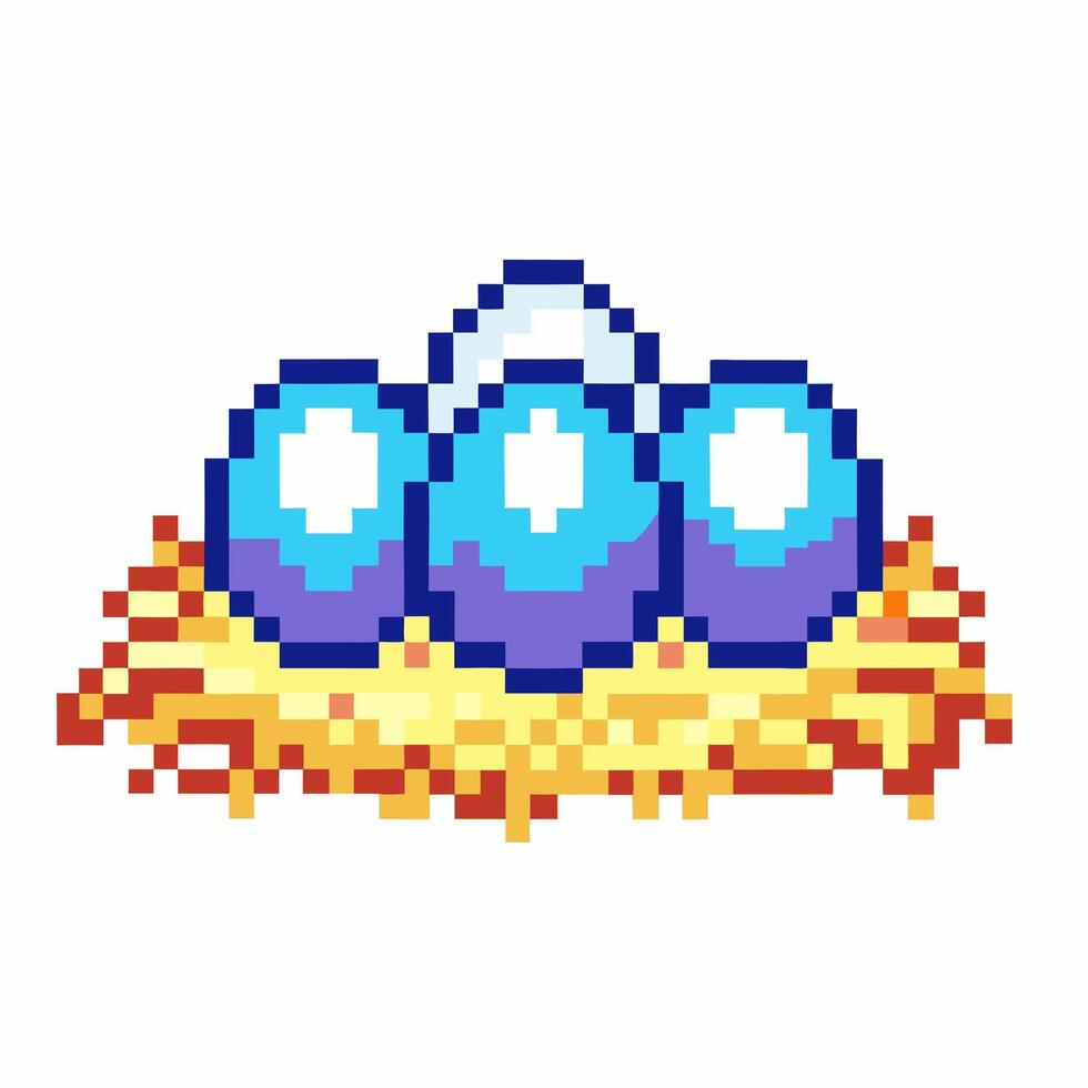 Pixel art blue gems in nest, retro game treasure in straw nesting vector