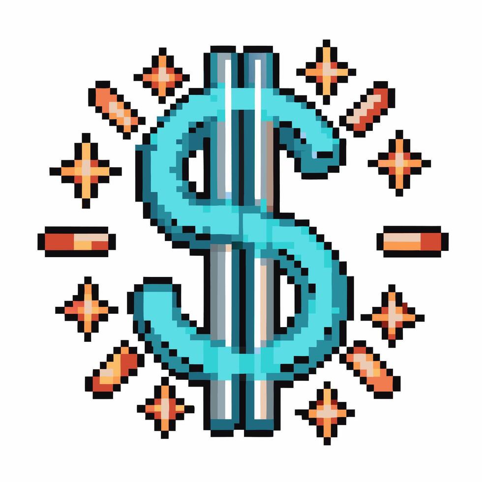 Pixel art dollar sign with radiant sparkles retro digital style, finance success, wealth and money symbol on white background vector