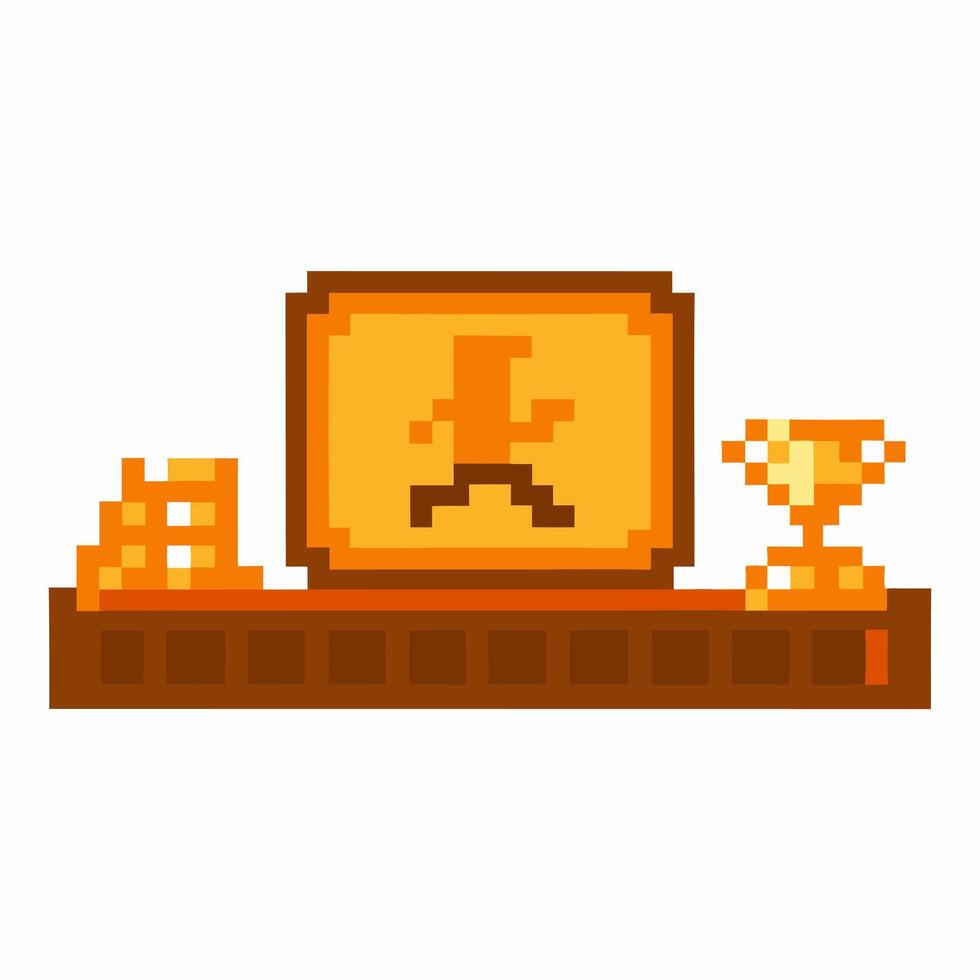 Retro pixel art gaming trophy shelf with character and trophy vector