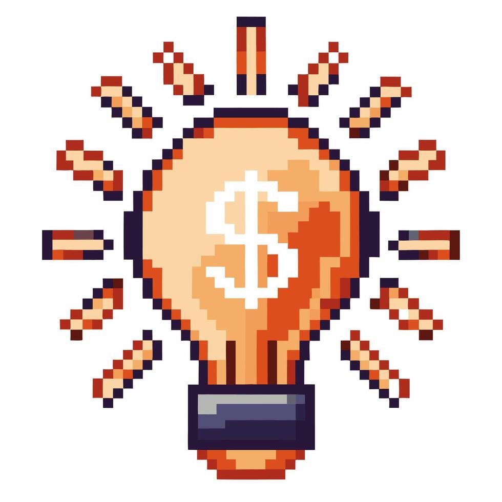 Pixel art lightbulb with dollar sign, symbolizing innovation and creative financial ideas, bright concept for investment success vector