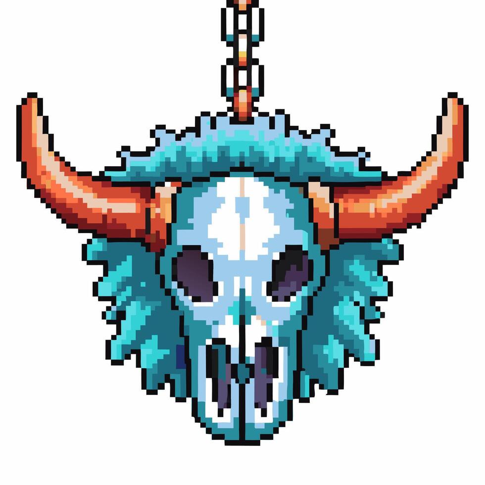 Pixel art buffalo skull with horns and blue feathers hanging from chain tribal totem, retro game icon vector
