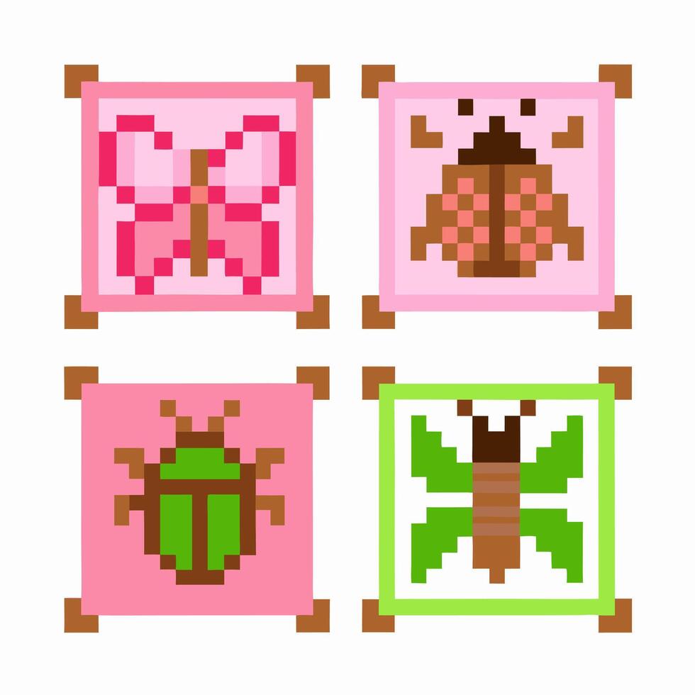 Colorful pixel art insects butterfly, ladybug, beetle, fly in retro squares vector