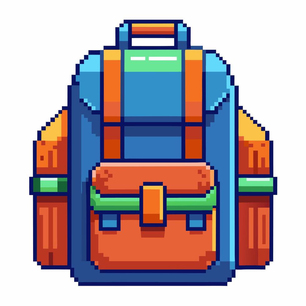 Pixel Art Backpack Icon Retro Gaming Style, Vibrant Colors, Isolated on White Background vector