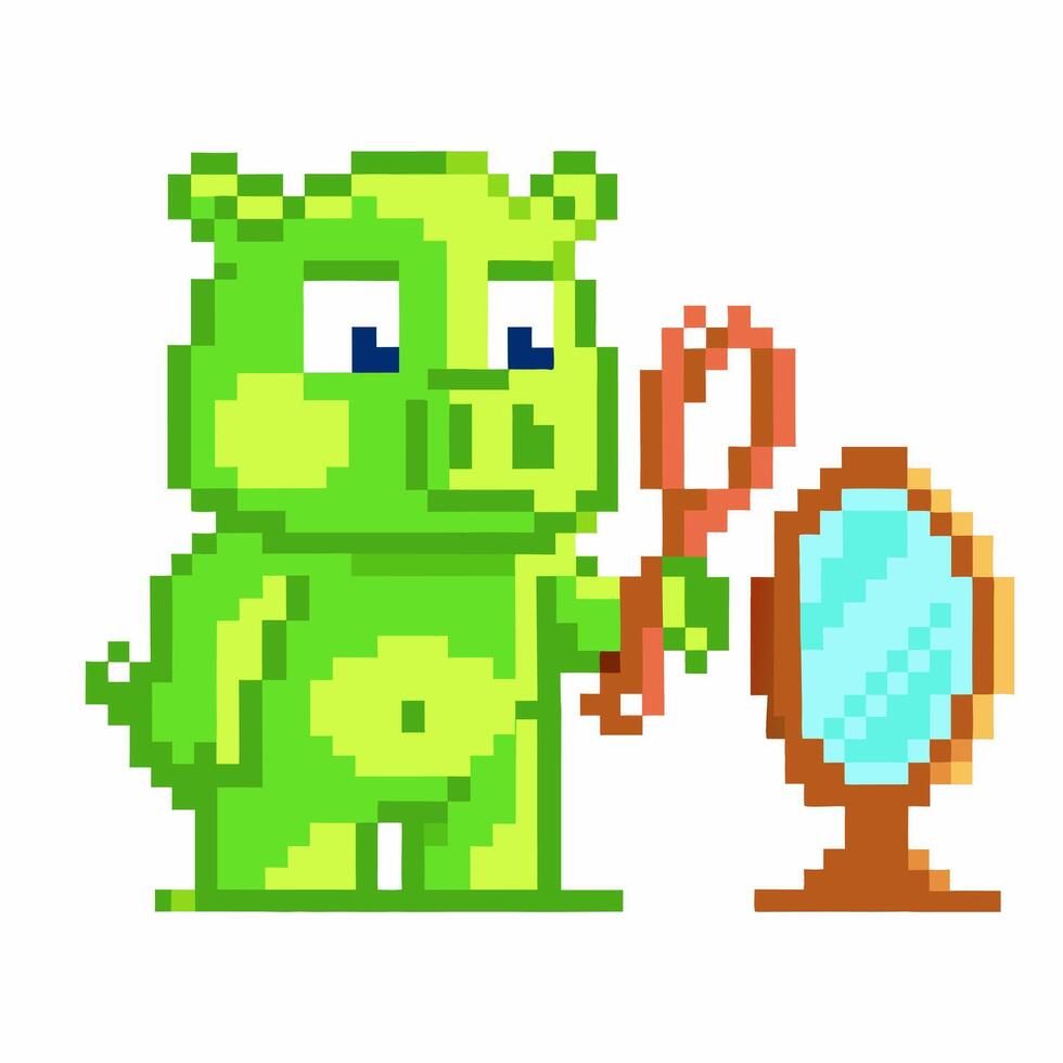 Pixelated green pig checks reflection, classic retro gaming scene animal with mirror, 8 bit art vector