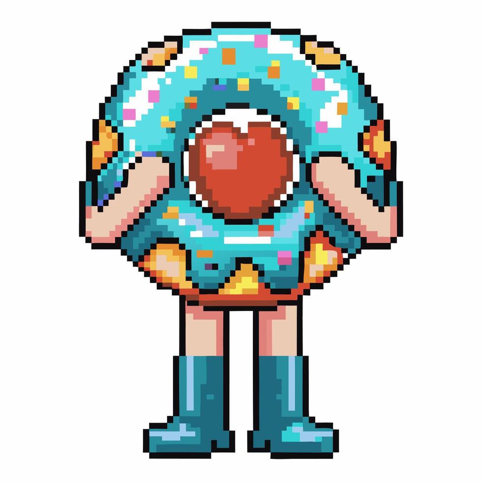 Pixel art character with blue frosted donut and heart center retro style, quirky standing figure, creative digital illustration vector