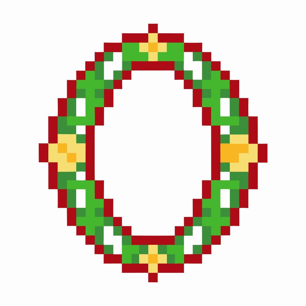 Retro pixel art christmas wreath with red ribbon and yellow accents, festive holiday decoration, 8 bit pixel design vector