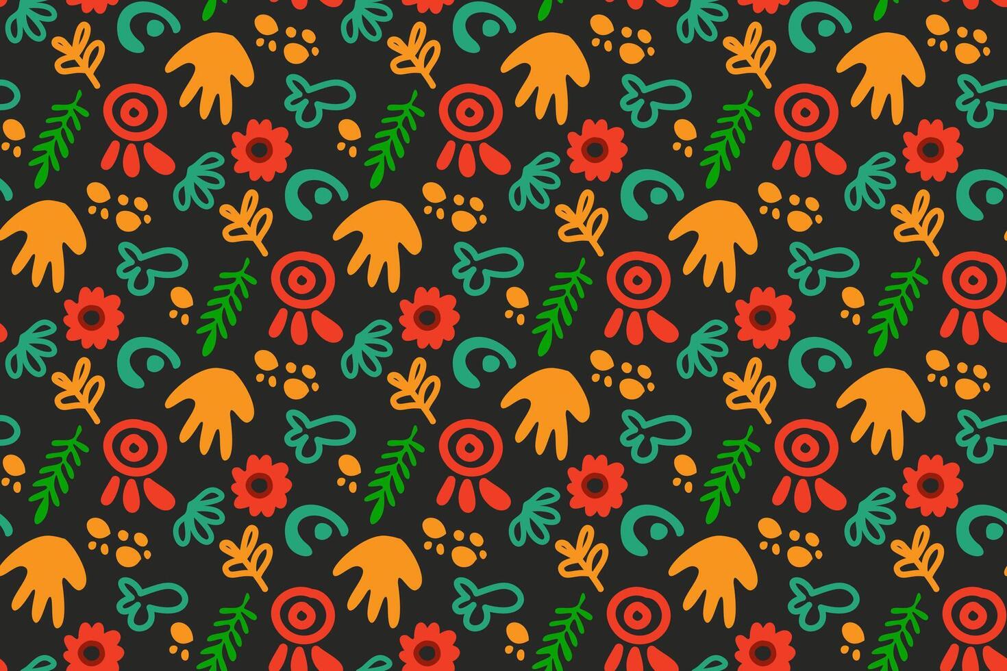 Expressive Juneteenth seamless pattern. Artistic brushstrokes and symbols in red, green, yellow. Ideal for cultural events, posters, and web design. Dynamic, commemorative feel vector