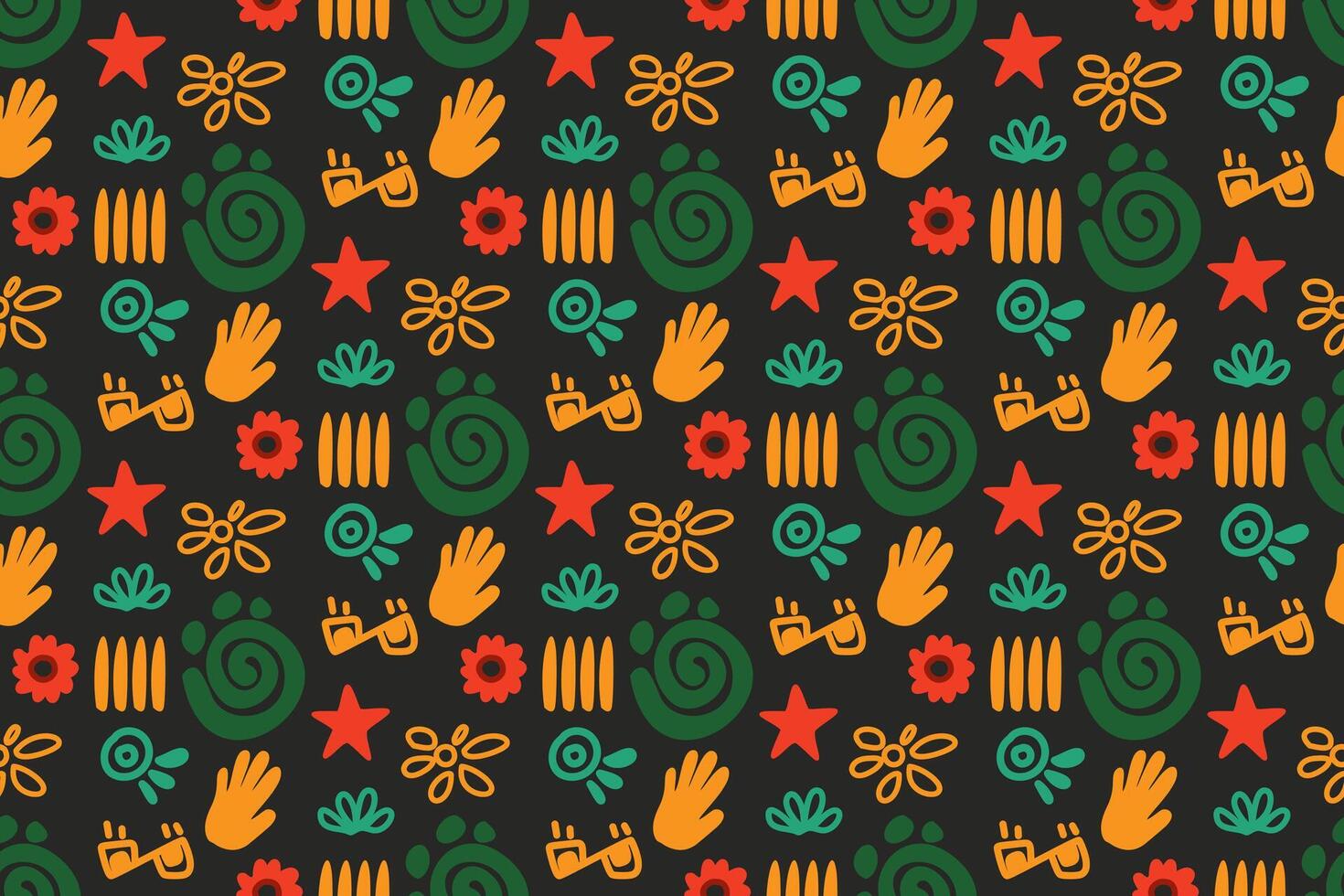 Juneteenth inspired seamless pattern Abstract shapes in red, green, yellow, and blue on black. Perfect for celebration, fabric, and social media. Vibrant, festive atmosphere for Juneteenth vector