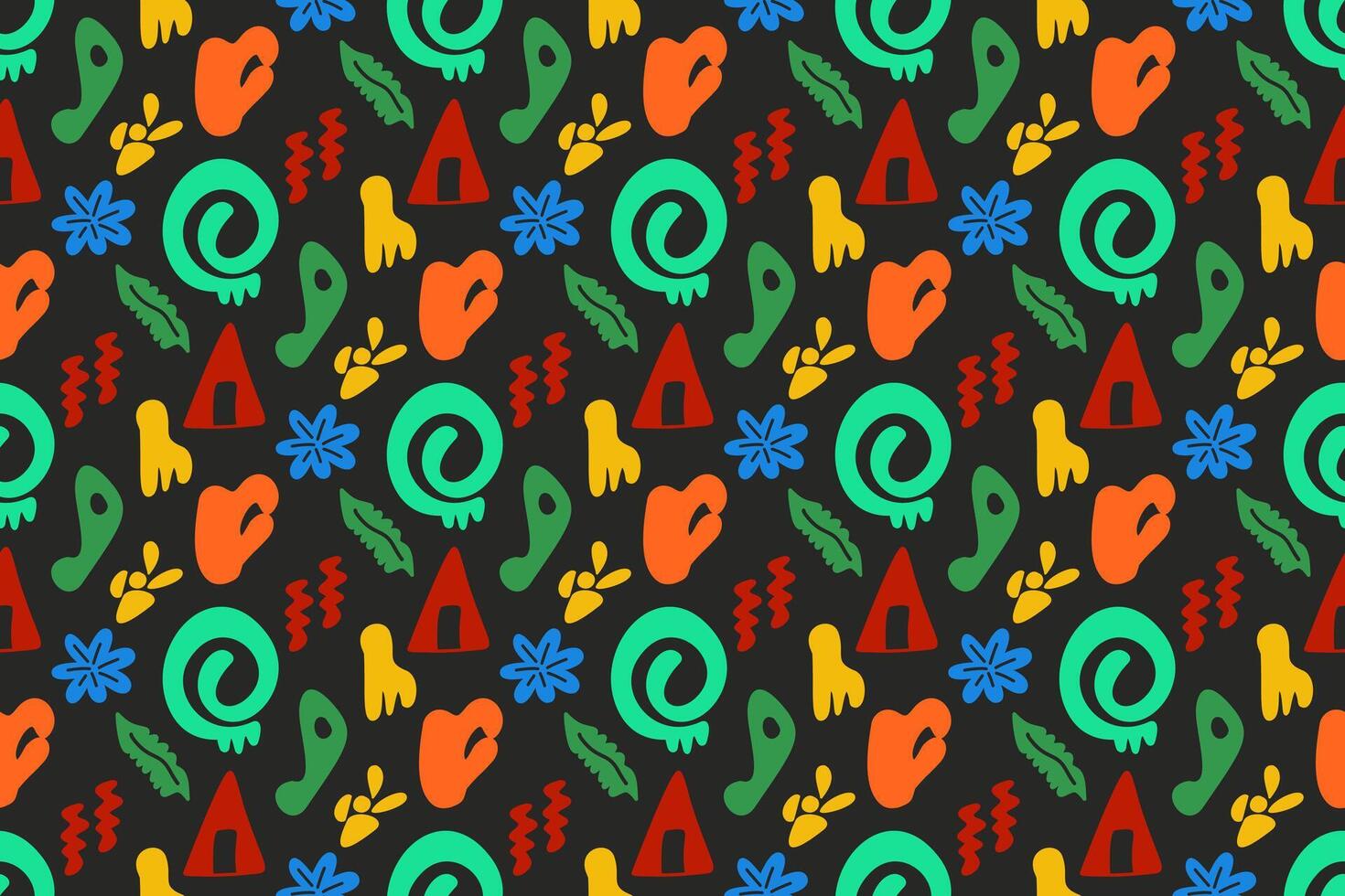 Joyful Juneteenth celebration pattern. Whimsical shapes and bright colors on a black background. Suitable for party decor, invitations, and scrapbooking. Happy, spirited Juneteenth vibe vector
