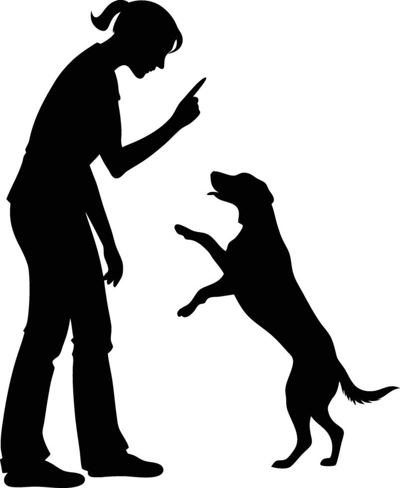 Silhouette illustration of a woman training a dog to stand on its hind legs vector