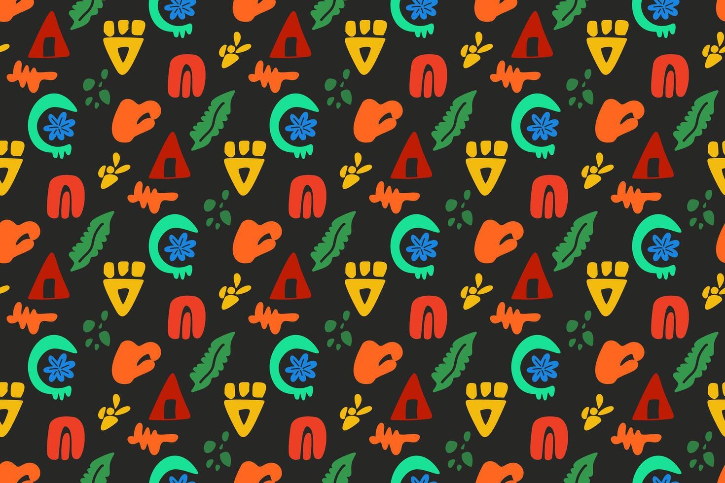 Modern Juneteenth doodle pattern. Playful hand-drawn shapes in traditional colors on black. Great for educational materials, kids' crafts, and digital backgrounds. Fun, engaging celebration vector