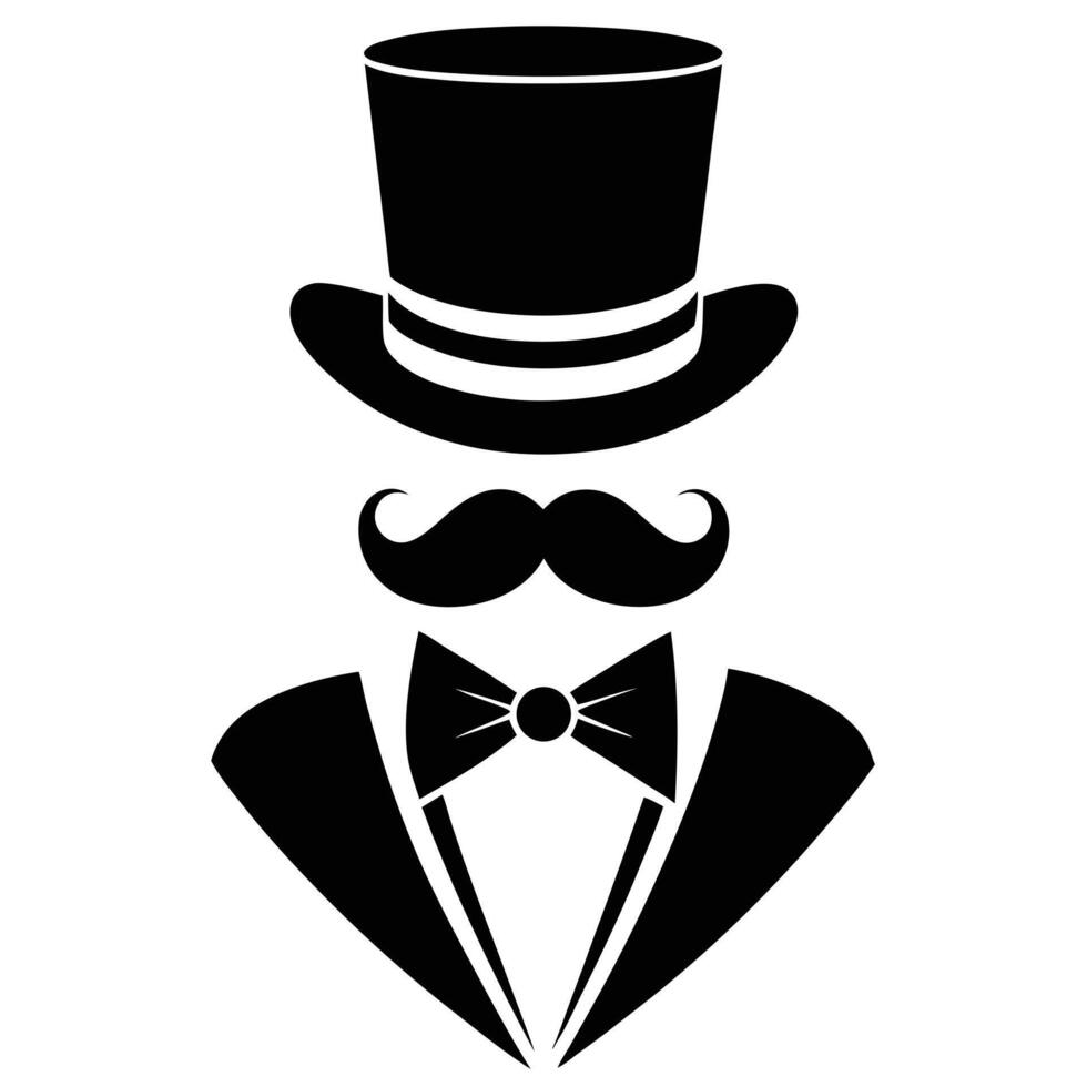 A black and white silhouette of a man with a top hat and mustache vector