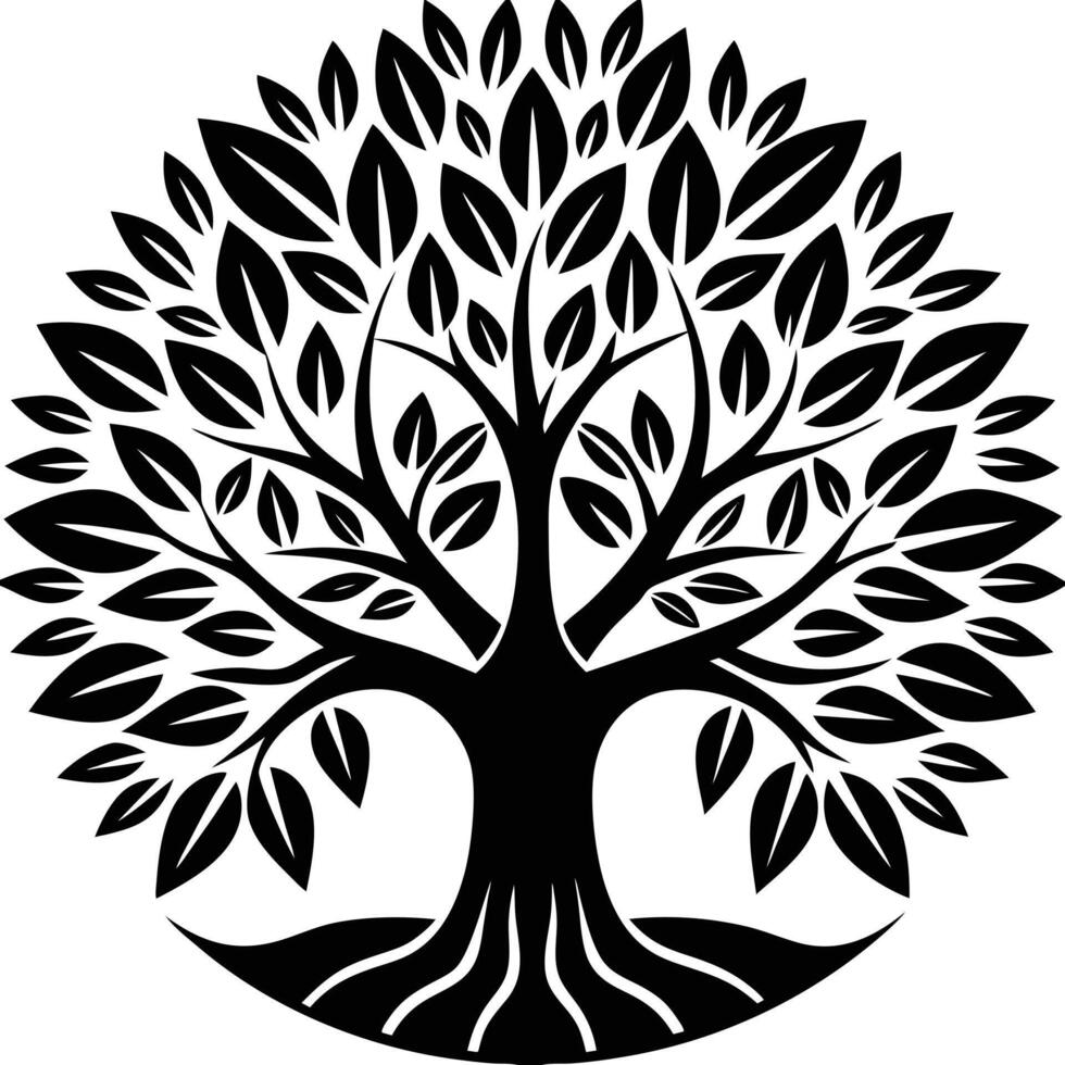 A black and white tree with leaves on it vector
