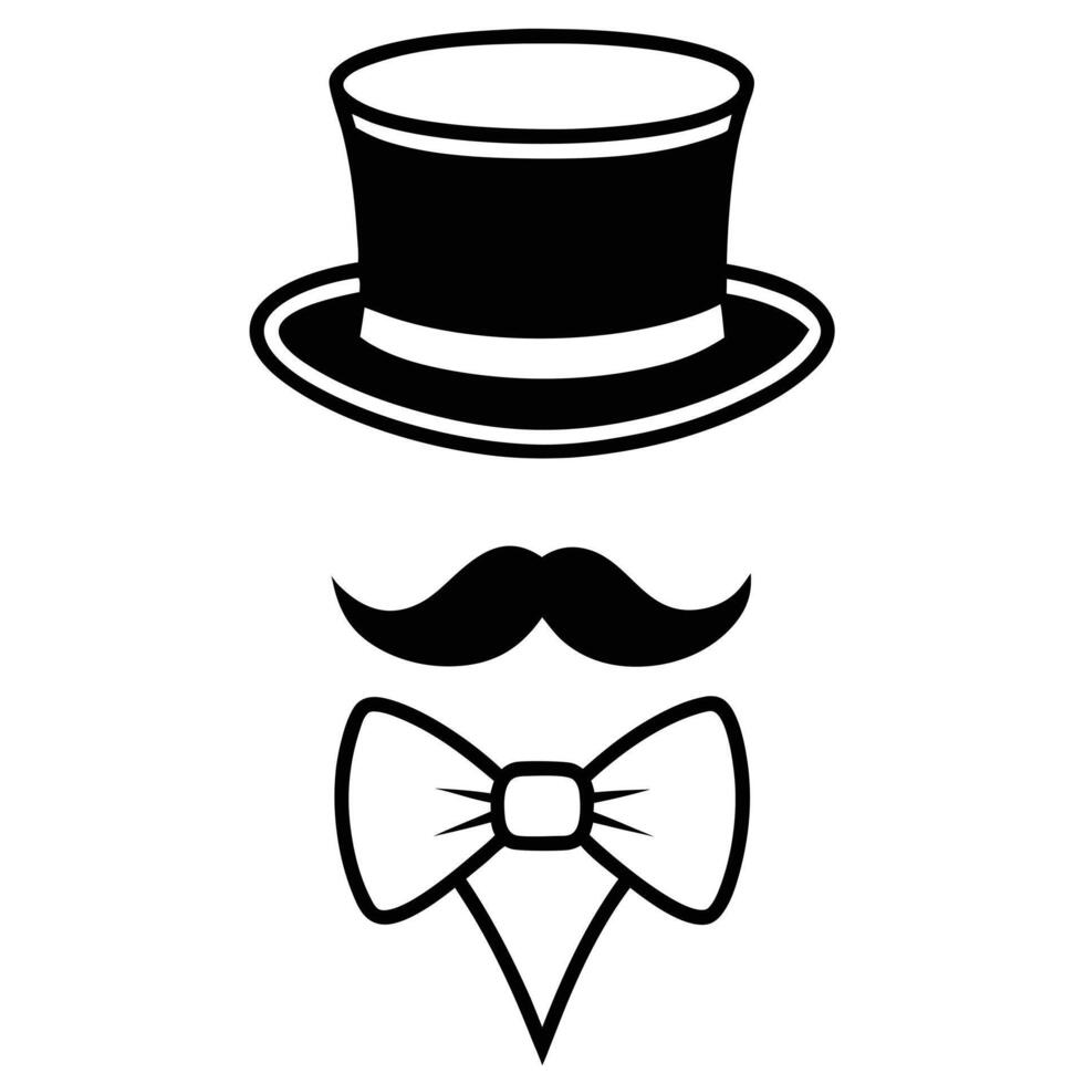 A black and white illustration of a hat and mustache vector