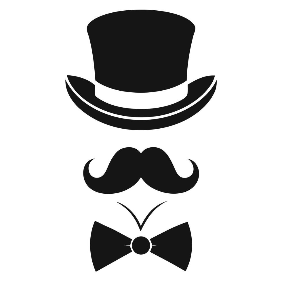 A black and white mustache and hat with a bow tie vector