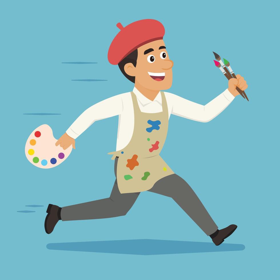 Cartoon artist running joyfully with a paint palette in one hand and brushes in the other. He wears a red beret and a paint stained apron, symbolizing creativity and passion for art. vector