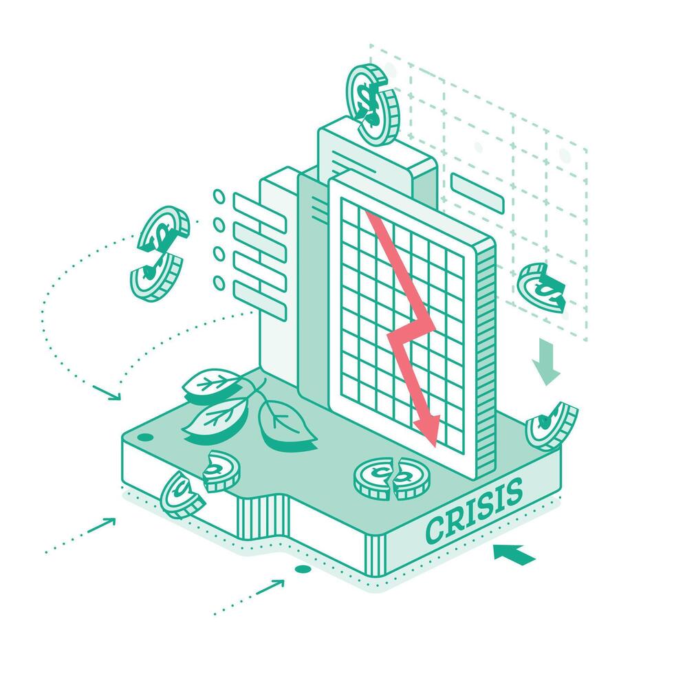Economic crisis. Isometric outline concept. Falling red arrow on graph. Broken dollar coins, a falling chart, the inscription CRISIS and loss symbols. Collapse of the economy. vector