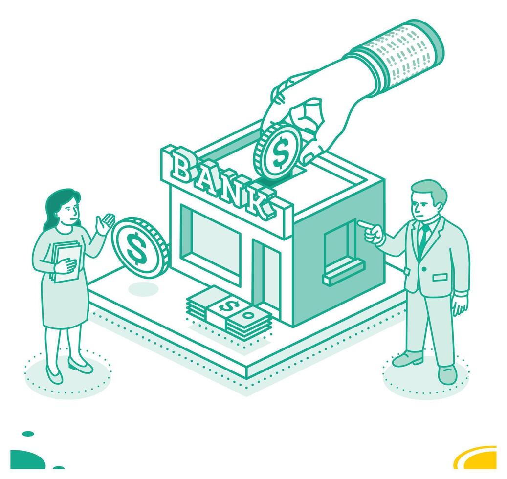 Isometric outline illustration of a large hand placing a dollar coin into a bank. A man and woman stand nearby discussing financial matters. Banking, investment, and savings.. vector