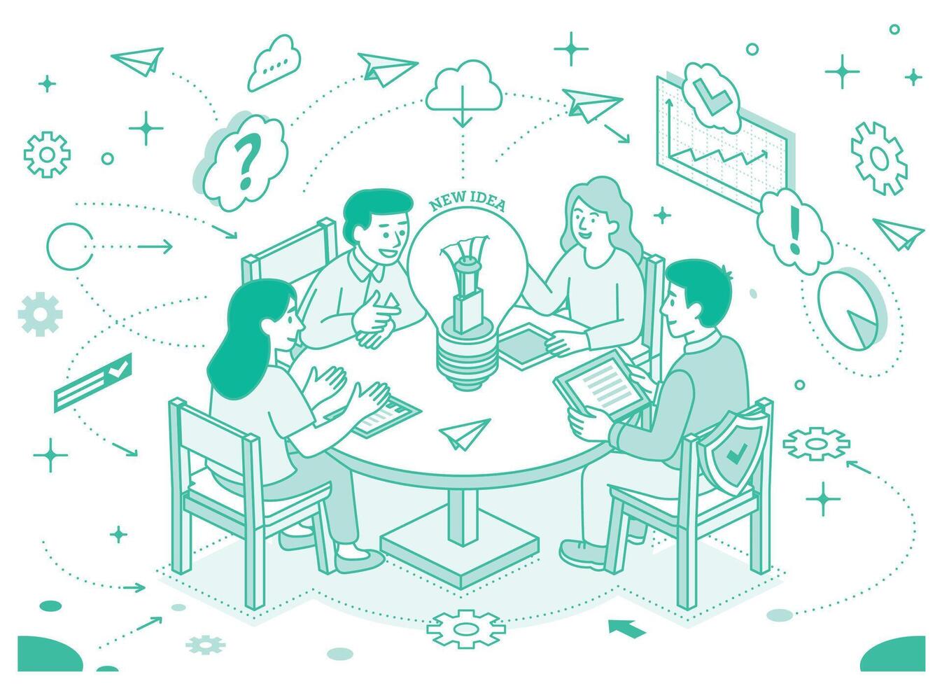 Creative team brainstorming at a round table. Four people discuss ideas with light bulb, charts, and icons around. Business innovation and teamwork concept. Isometric illustration. vector