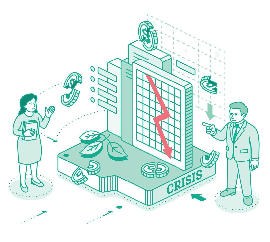 Economic crisis. Isometric outline illustration. Man and woman discuss falling chart and broken dollar coins. Financial instability, risk, and market downturn. vector
