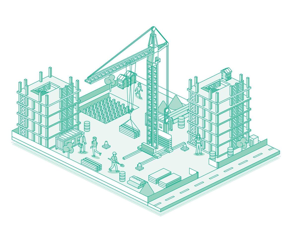 Construction site with crane, builders and skyscraper. Process of building a multi-storey building. Illustration in outline style. Isometric view of a monolithic frame building. vector