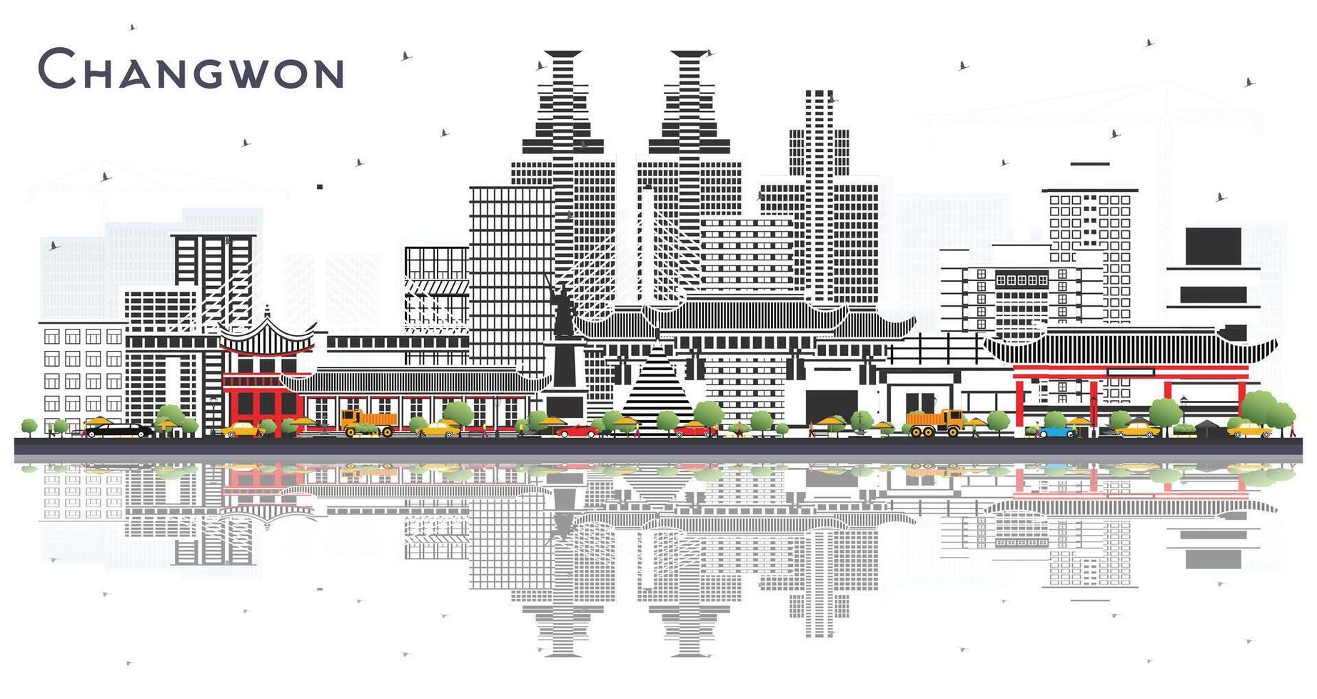 Changwon South Korea City Skyline with Color Buildings Isolated on White. Illustration. Business Travel and Tourism Concept with Historic and Modern Architecture. Changwon Cityscape with Landmarks. vector