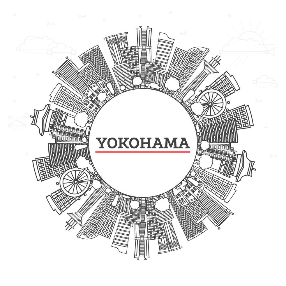 Outline Yokohama Japan City Skyline with Modern Buildings and copy space Isolated on White. Yokohama Cityscape with Landmarks. vector