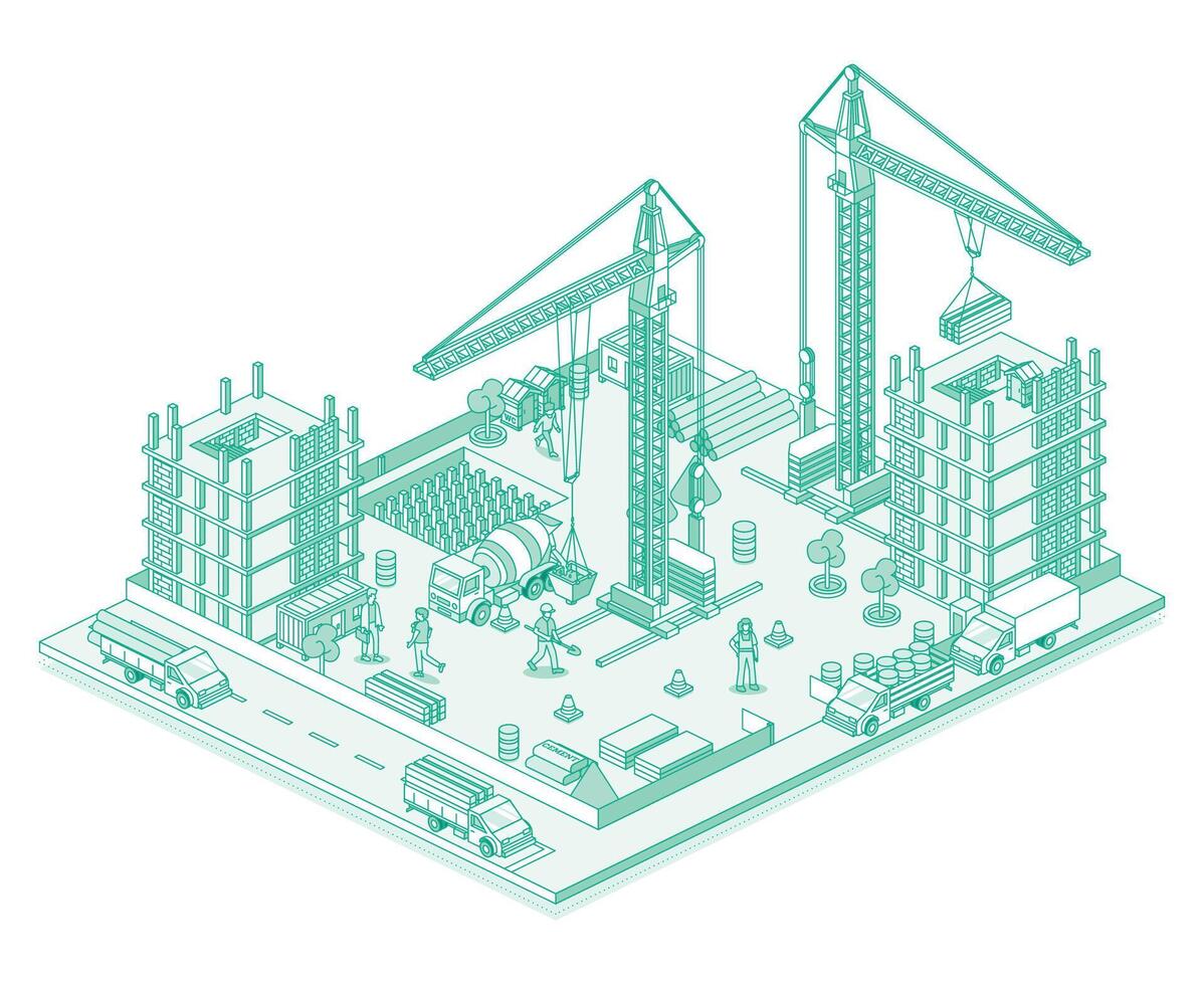 Active construction site with cranes, workers, builders and skyscrapers under development. Process of building. Line art style. Isometric view of a monolithic frame building. vector