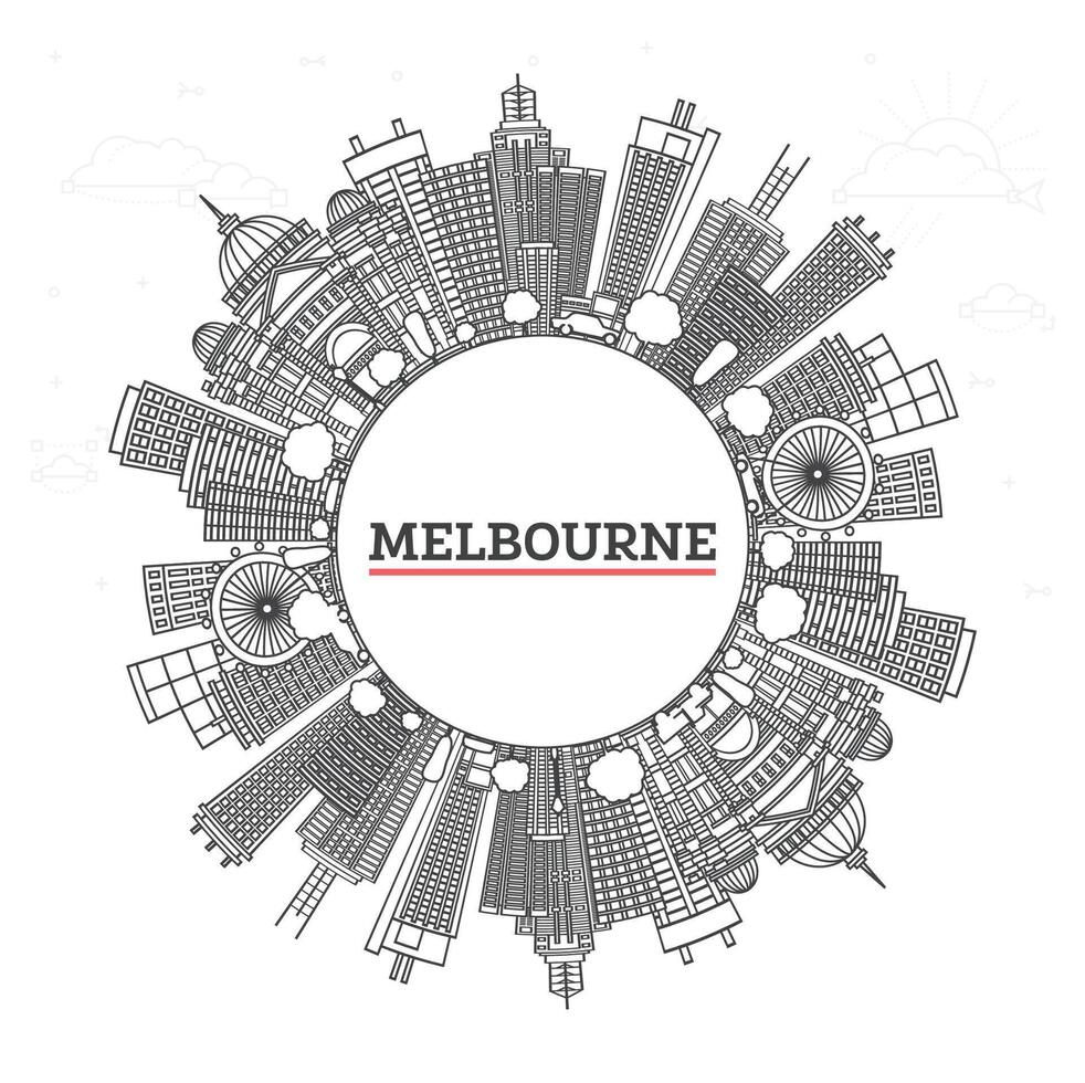 Outline Melbourne Australia City Skyline with Modern and Historic Buildings Isolated on White. Melbourne Cityscape with Landmarks and copy space vector