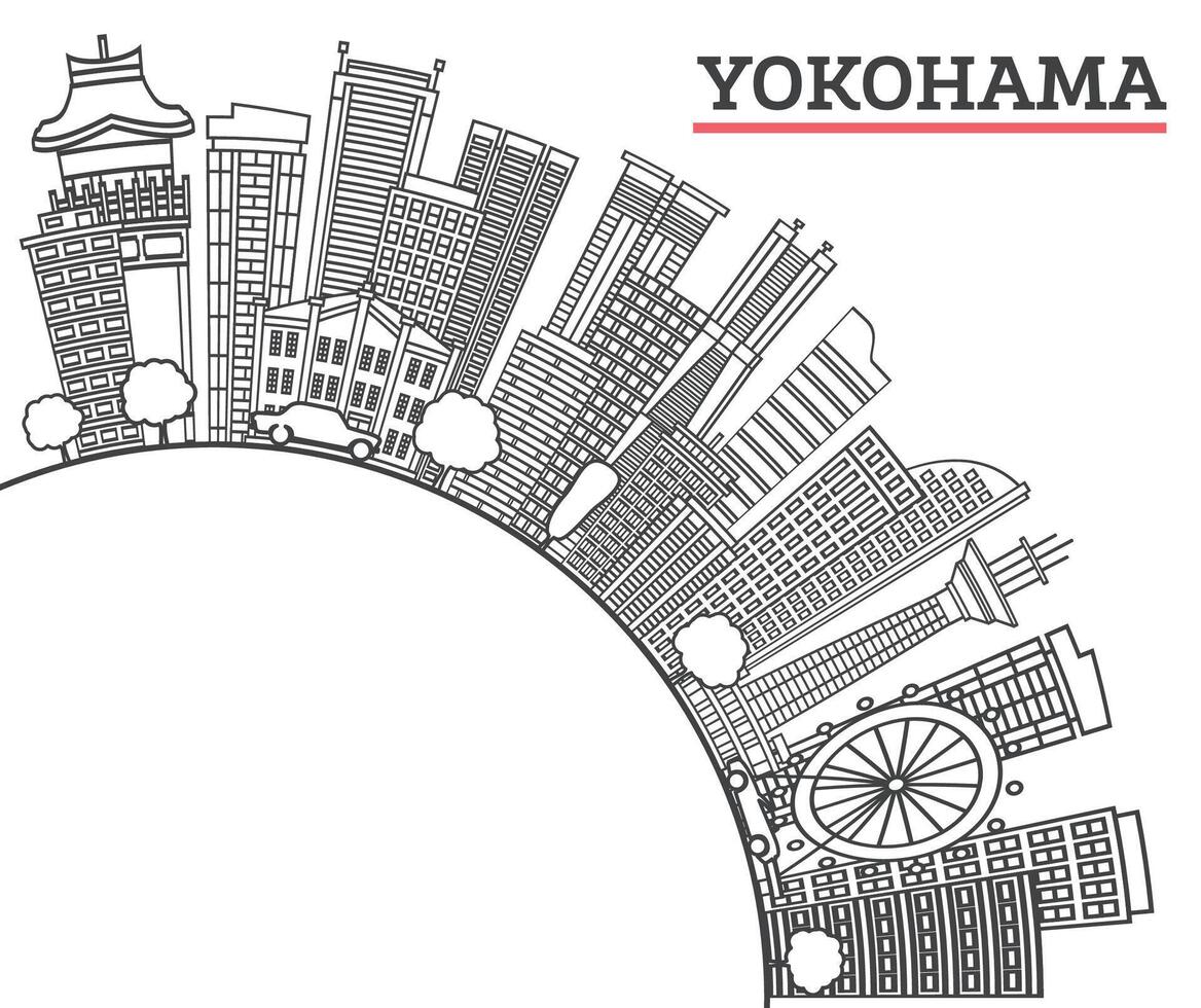 Outline Yokohama Japan City Skyline with Modern Buildings and copy space Isolated on White. Yokohama Cityscape with Landmarks vector