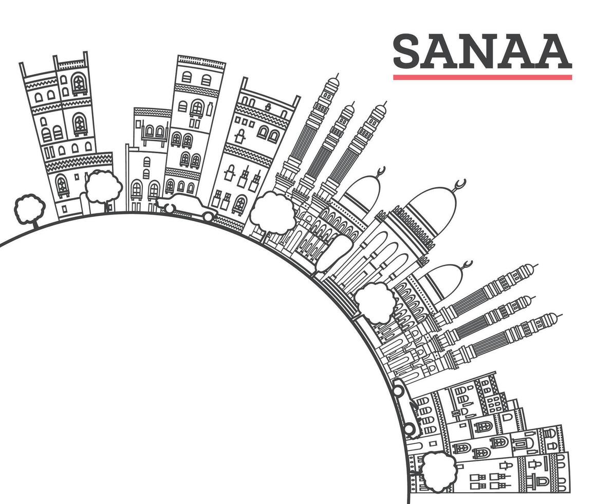 Outline Sanaa Yemen City Skyline with Historic Buildings and copy space Isolated on White. Illustration. Sanaa Cityscape with Landmarks. vector