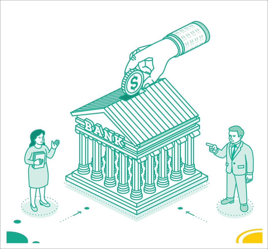 Hand placing a dollar coin into a classical bank building. A man and woman discuss finance, symbolizing investment, savings, and economic strategy. Isometric outline style.. vector