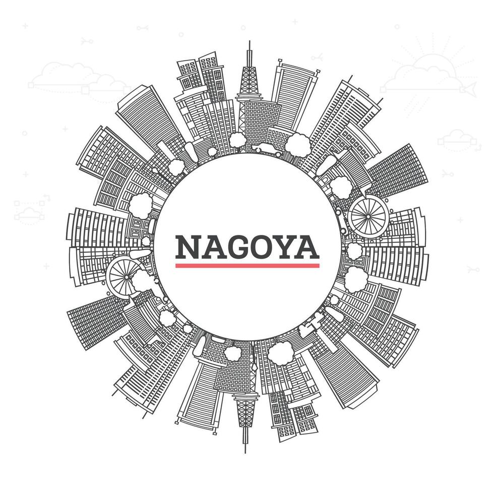 Outline Nagoya Japan City Skyline with Modern Buildings and copy space Isolated on White. Nagoya Cityscape with Landmarks vector