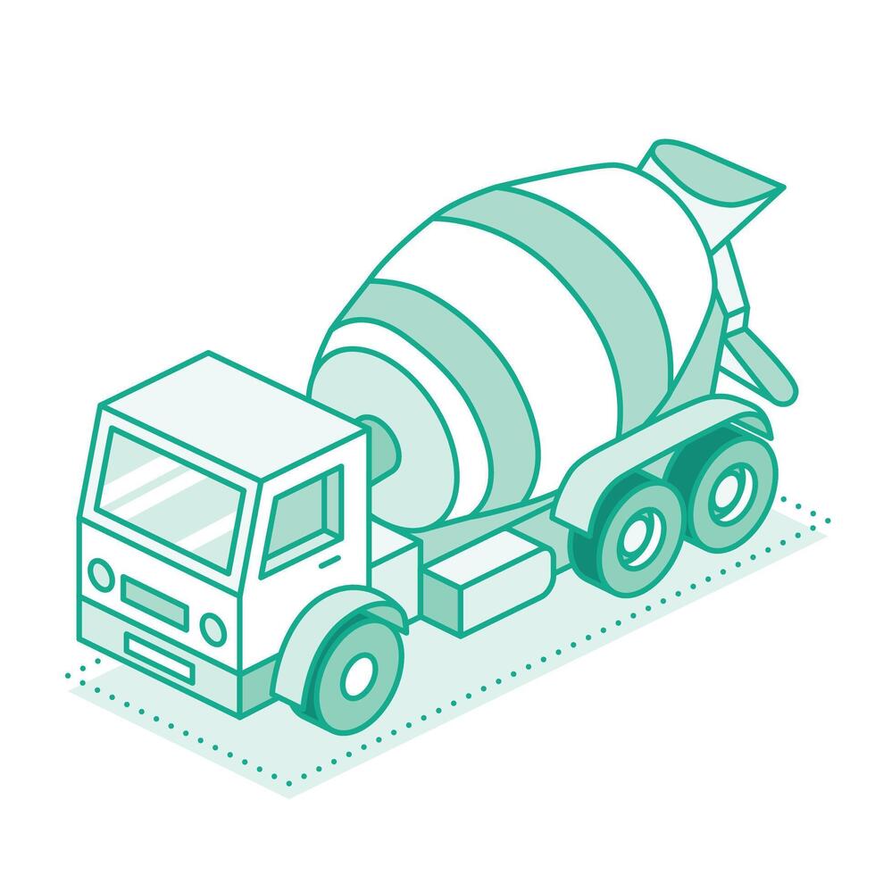 Isometric concrete mixing truck. Outline cement mixer truck. Flat monochromatic green style. Element for construction infographics, architectural diagrams, or logistics designs. vector