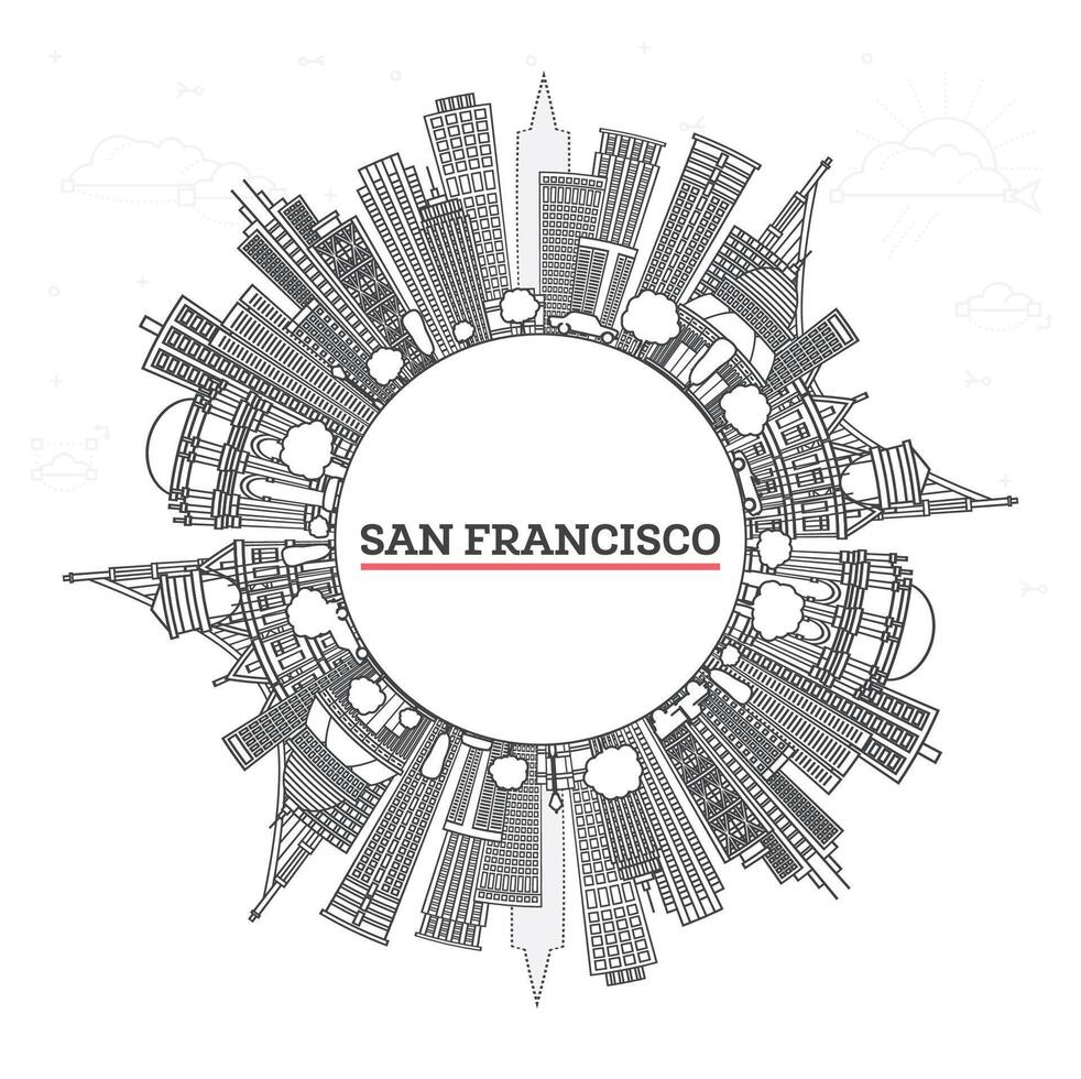 Outline San Francisco California City Skyline with Modern Buildings and copy space Isolated on White. San Francisco USA Cityscape with Landmarks. vector