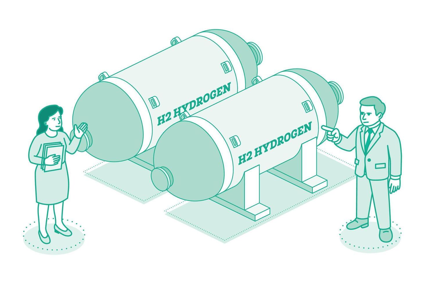 Isometric illustration of hydrogen storage tanks. Man and woman discussing H2 containers for clean energy. Concept of alternative fuel, innovation, and sustainability. vector