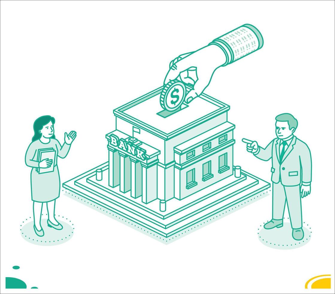 Isometric outline illustration of a large hand placing a dollar coin into a bank. A man and woman stand nearby discussing financial matters. Banking, investment, and savings vector