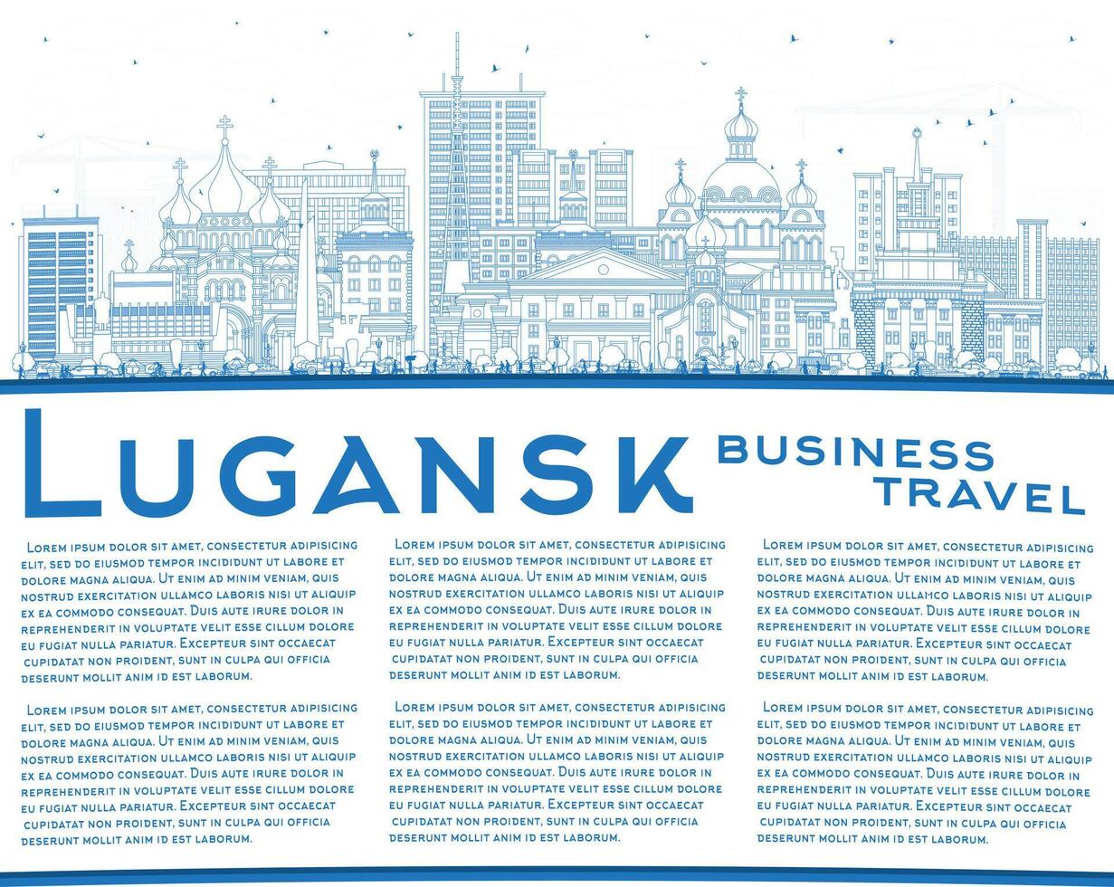 Outline Lugansk city skyline with blue buildings and copy space. Luhansk cityscape with landmarks. Business travel and tourism concept with modern and historic architecture. vector
