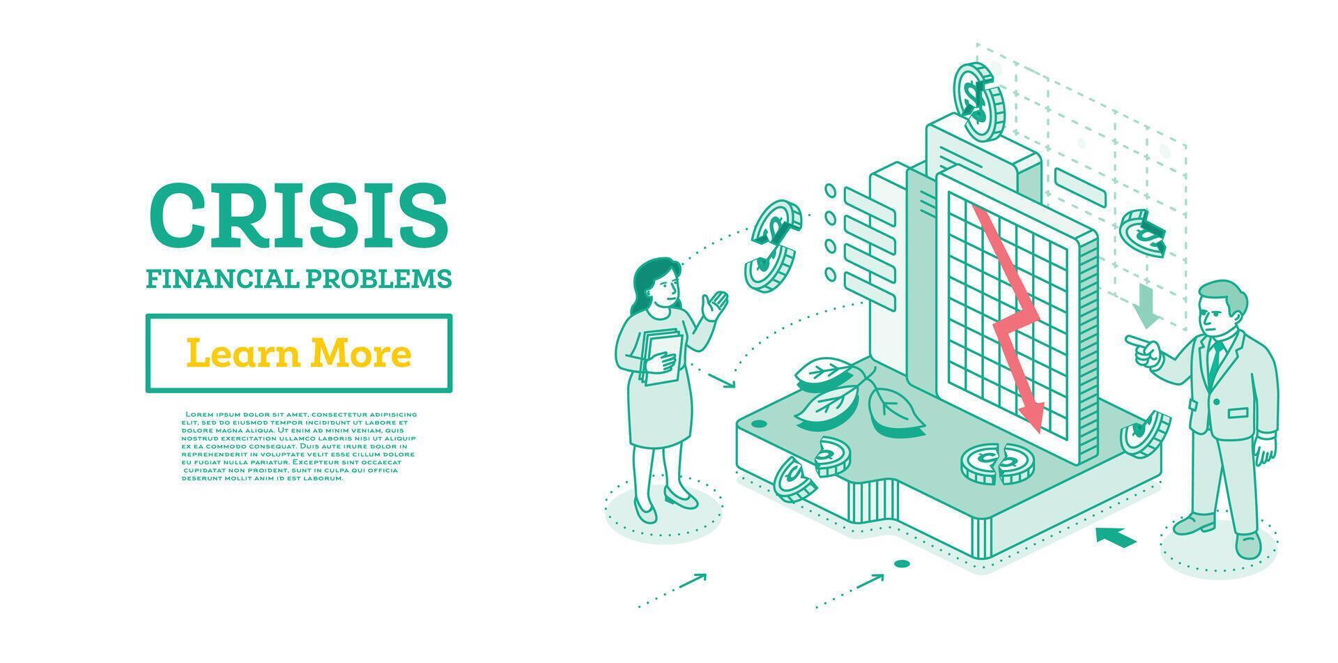 Economic crisis. Isometric outline illustration. Man and woman discuss falling chart and broken dollar coins. Financial instability, risk, and market downturn visualized in art. vector