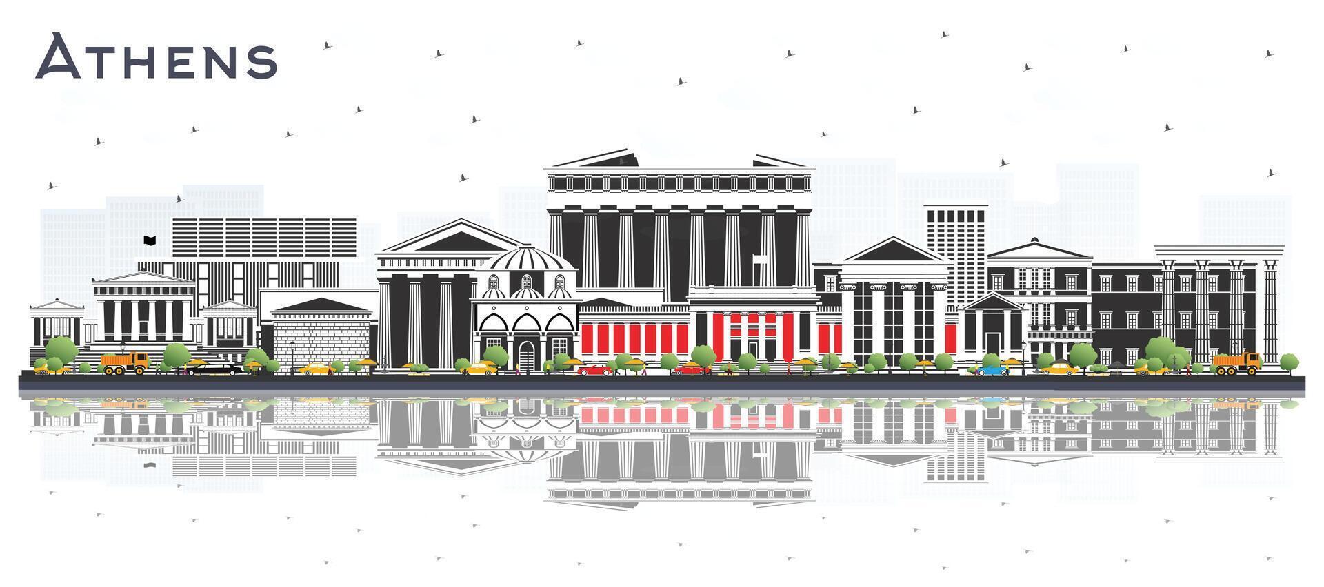 Athens Greece City Skyline with Color Buildings and reflections Isolated on White. Business Travel and Tourism Concept with Historic and Modern Architecture. Athens Cityscape with Landmarks. vector
