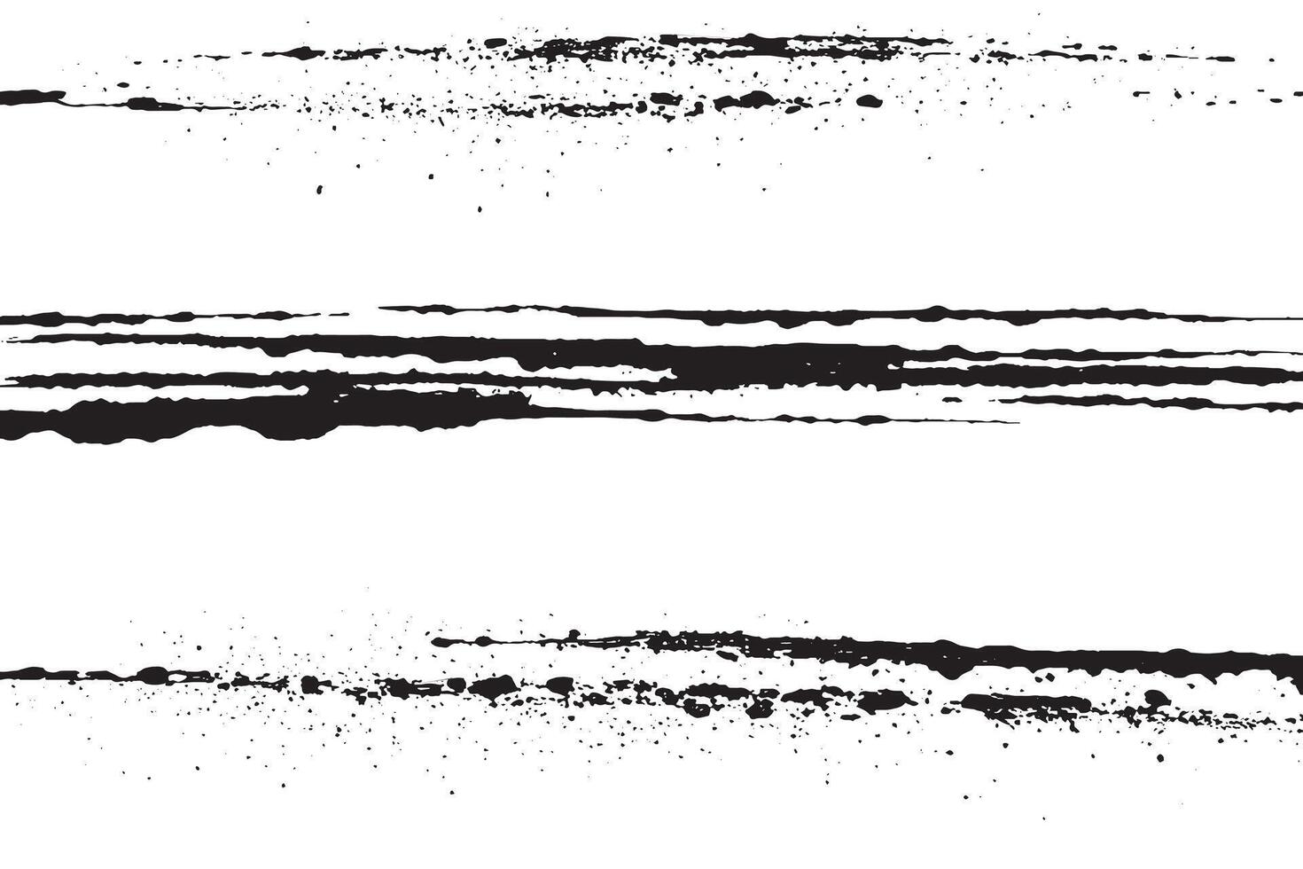 Abstract horizontal ink splatter strokes in black on white background. Ideal for grunge textures, digital art, and print design needing edgy and minimal distressed elements. vector