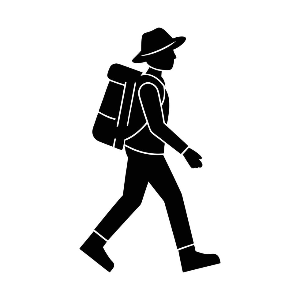 Tourist Walking with Backpack Simple Flat Silhouette Illustration vector