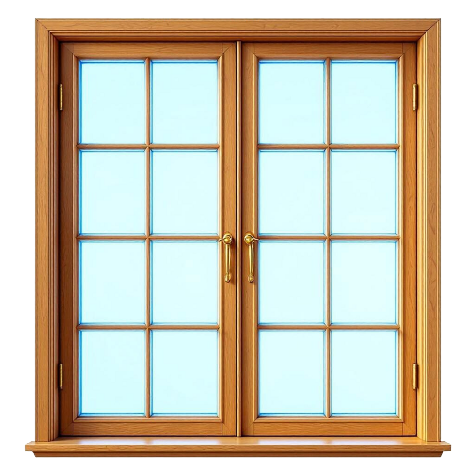 Double wooden window frame with glass on transparent background png
